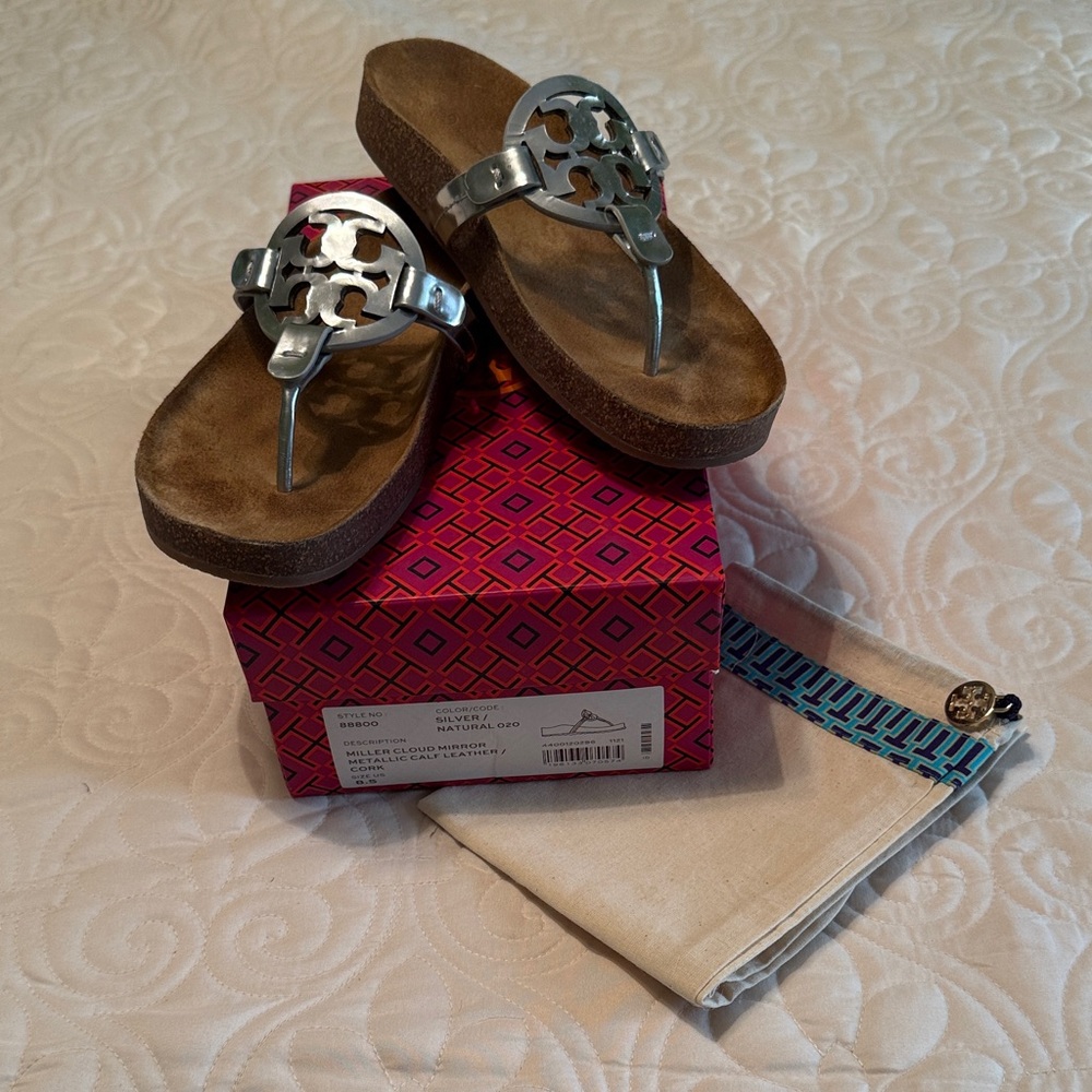 Tory Burch Silver Logo Thong Sandals with Brown Footbed